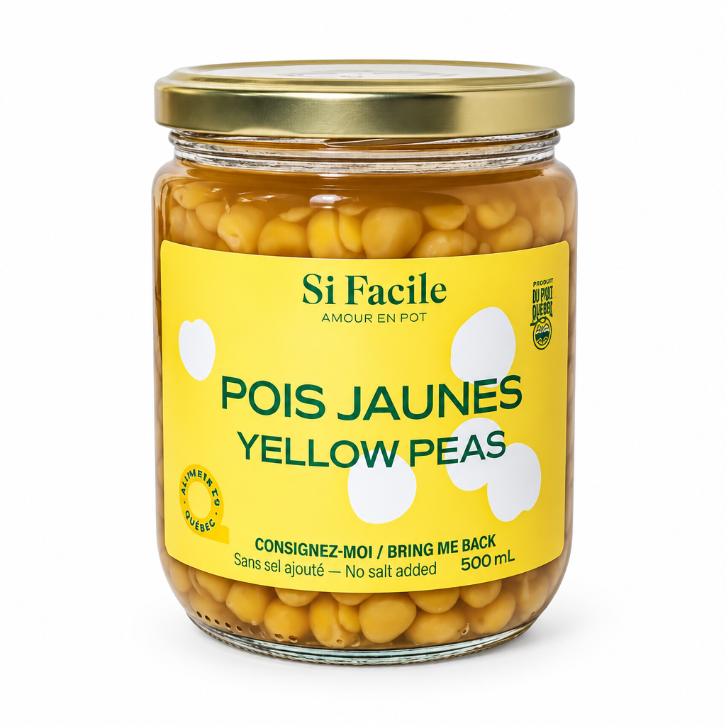 Si Facile Pois Jaunes yellow peas in a 500 mL glass jar on a white background